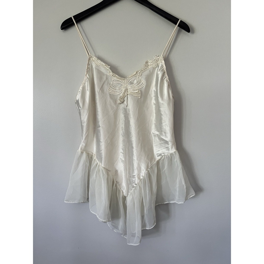 VTG Lace Satin Ivory Camisole Fairy Lingerie Ethereal Bridal Beaded Basque Sheer